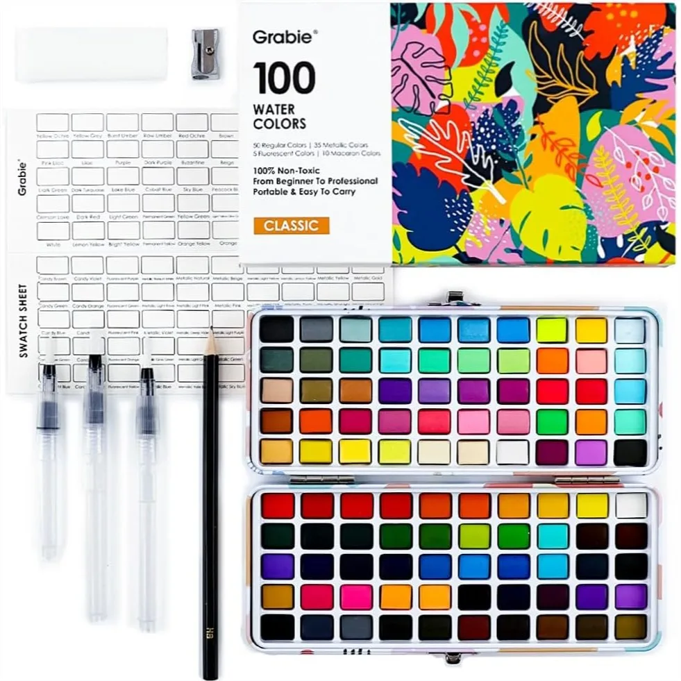 100 Colors Watercolor Paint Set With 50 Regular 35 Metallic 10 Macaron And 5 Fluorescent Colors Portable Carrying Case And Water Brush Pens For Beginners And Professionals
100 Colors Watercolor Paint Set With 50 Regular 35 Metallic 10 Macaron And 5 Fluorescent Colors Portable Carrying Case And Water Brush Pens For Beginners And Professionals