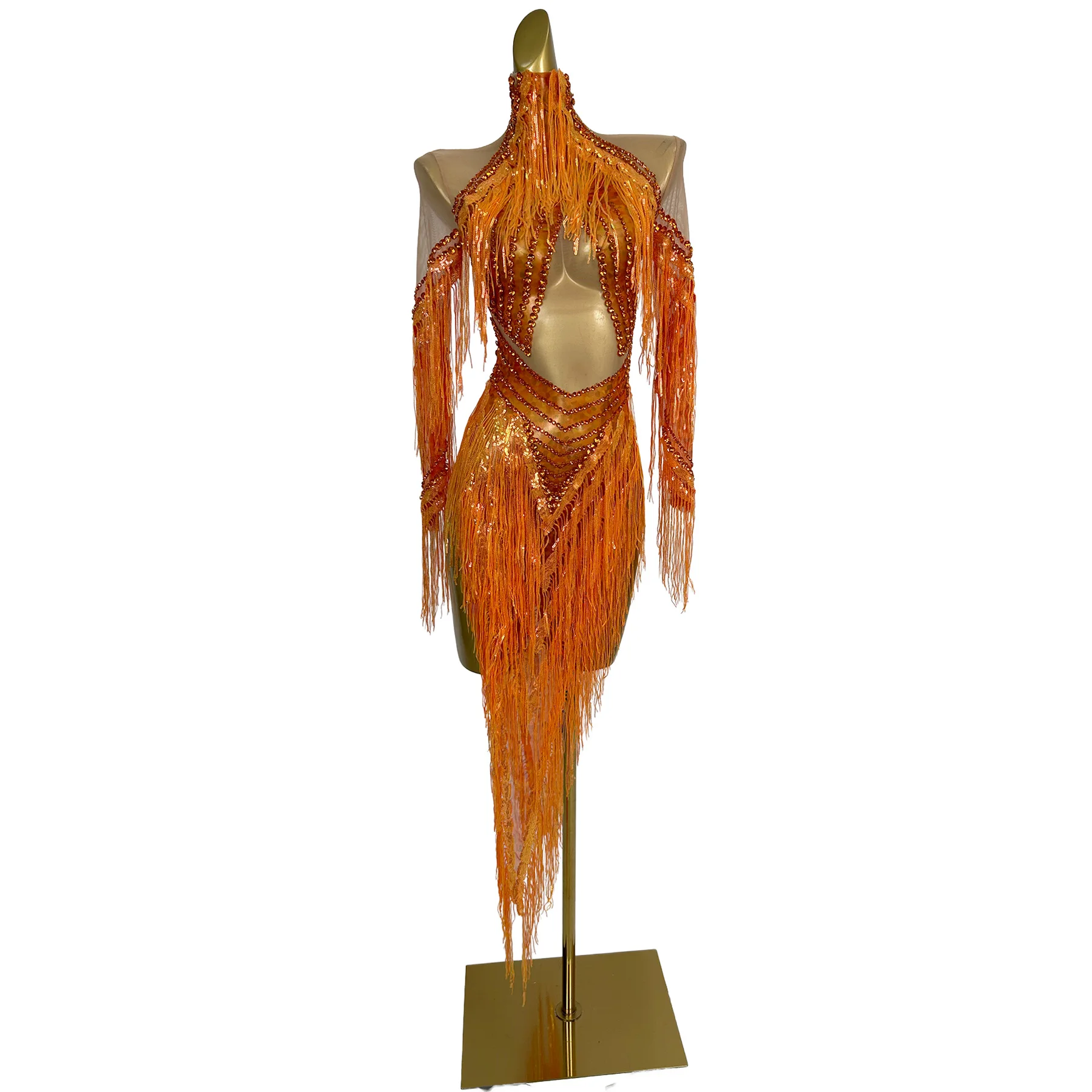 Chengzhi Elegant Orange Sequin Fringe High Neck Cutout Sheer Mesh Bodycon Dress for Dancers Drag Queens and Special Occasions
Chengzhi Elegant Orange Sequin Fringe High Neck Cutout Sheer Mesh Bodycon Dress for Dancers Drag Queens and Special Occasions
