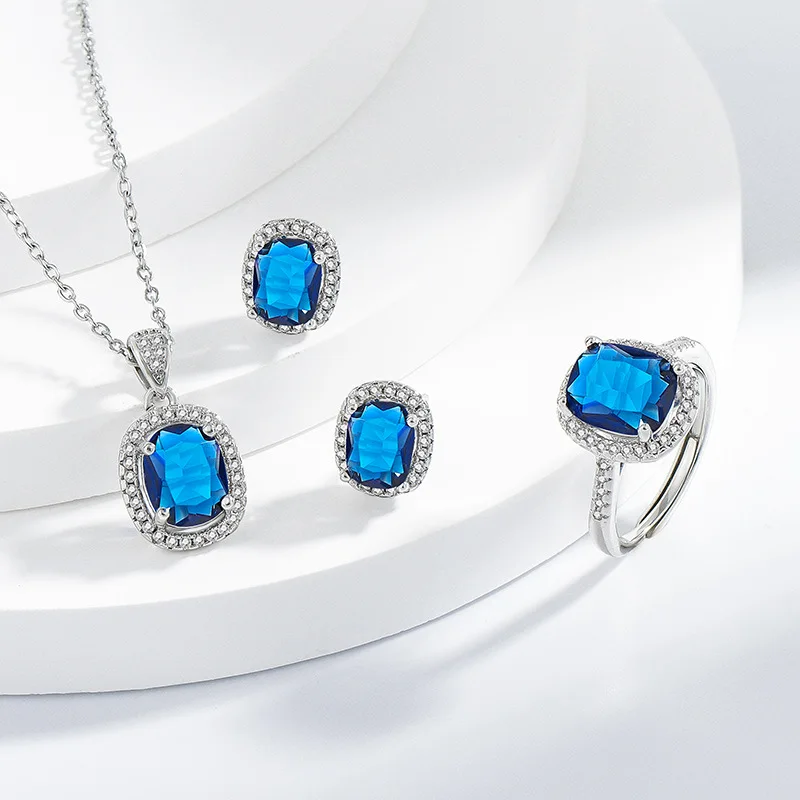 925 Sterling Silver Jewelry Set, Rectangle Blue CZ Halo Pendant Necklace Stud Earrings Ring, Bridal Wedding Jewelry for Women
925 Sterling Silver Jewelry Set, Rectangle Blue CZ Halo Pendant Necklace Stud Earrings Ring, Bridal Wedding Jewelry for Women