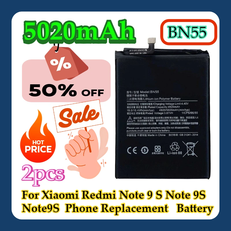 2 шт. для Xiaomi Redmi Note 9 S Note 9S Note9S сменный аккумулятор BN55 5020 мАч
2 шт. для Xiaomi Redmi Note 9 S Note 9S Note9S сменный аккумулятор BN55 5020 мАч