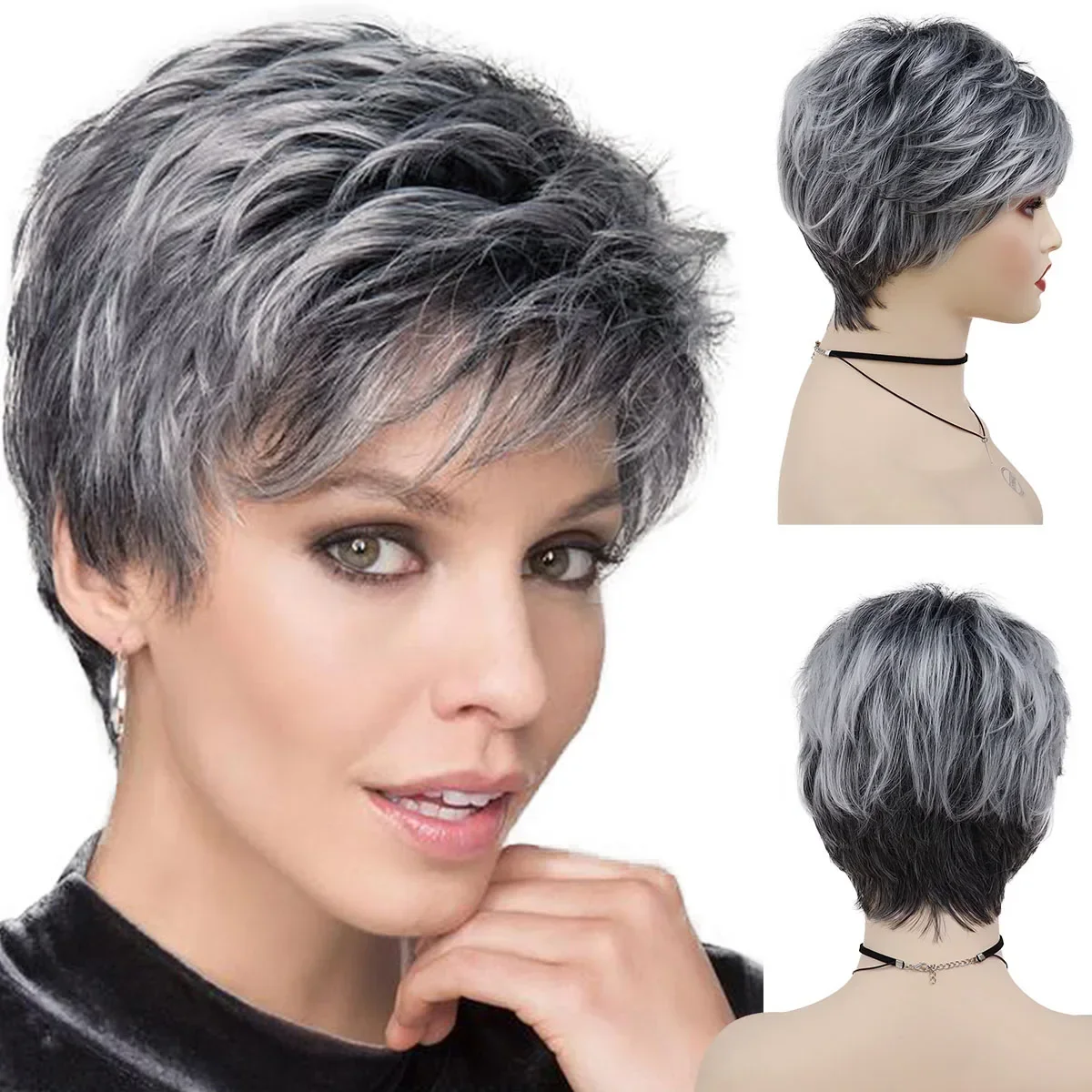 Synthetic Mix Grey Wig Silver Fox Short Pixie Cut Wigs for Women Dark Root Ombre Color Natural Straight Hair Mommy Wig with Bang
Synthetic Mix Grey Wig Silver Fox Short Pixie Cut Wigs for Women Dark Root Ombre Color Natural Straight Hair Mommy Wig with Bang