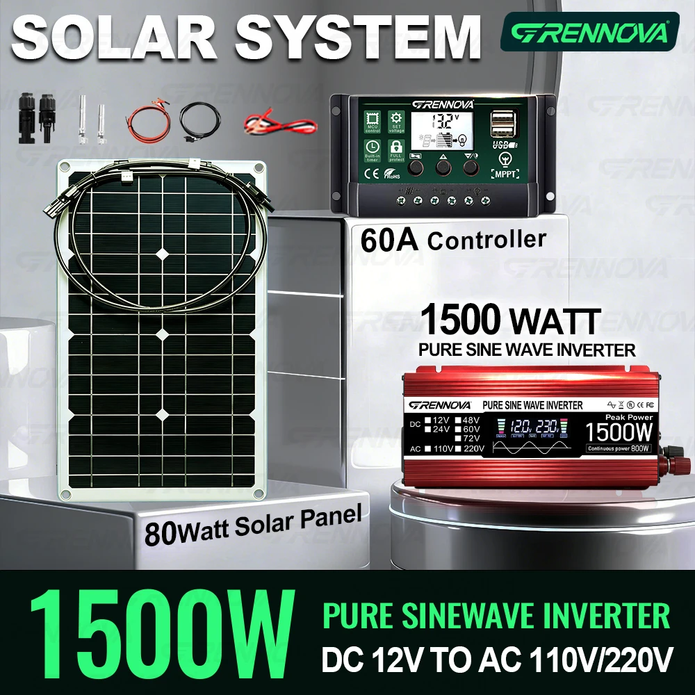 Solar Pure Sine Wave Off-Grid Kit 80W Panel 60A MPPT Controller Inverter (Peak 1500W Rated 800W) Clean Power for Cameras & Home
Solar Pure Sine Wave Off-Grid Kit 80W Panel 60A MPPT Controller Inverter (Peak 1500W Rated 800W) Clean Power for Cameras & Home
