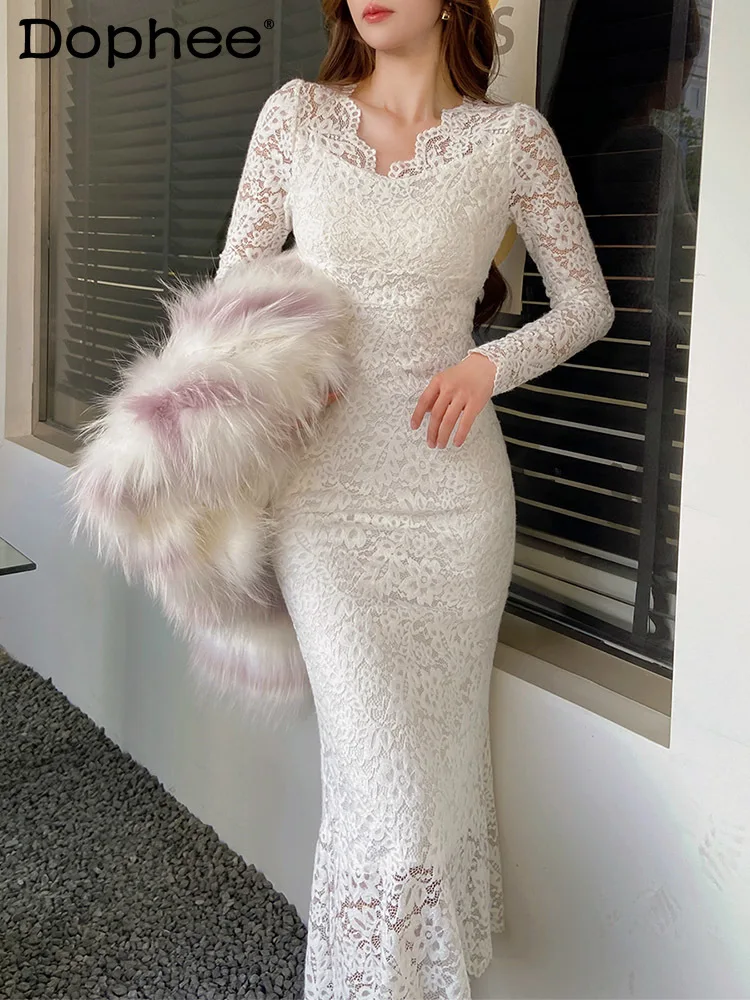 Sexy Slim V-neck Long-Sleeved Fishtail Dress for Women 2023 Spring and Autumn Commuter Long Style Lace White Dresses Female
Sexy Slim V-neck Long-Sleeved Fishtail Dress for Women 2023 Spring and Autumn Commuter Long Style Lace White Dresses Female