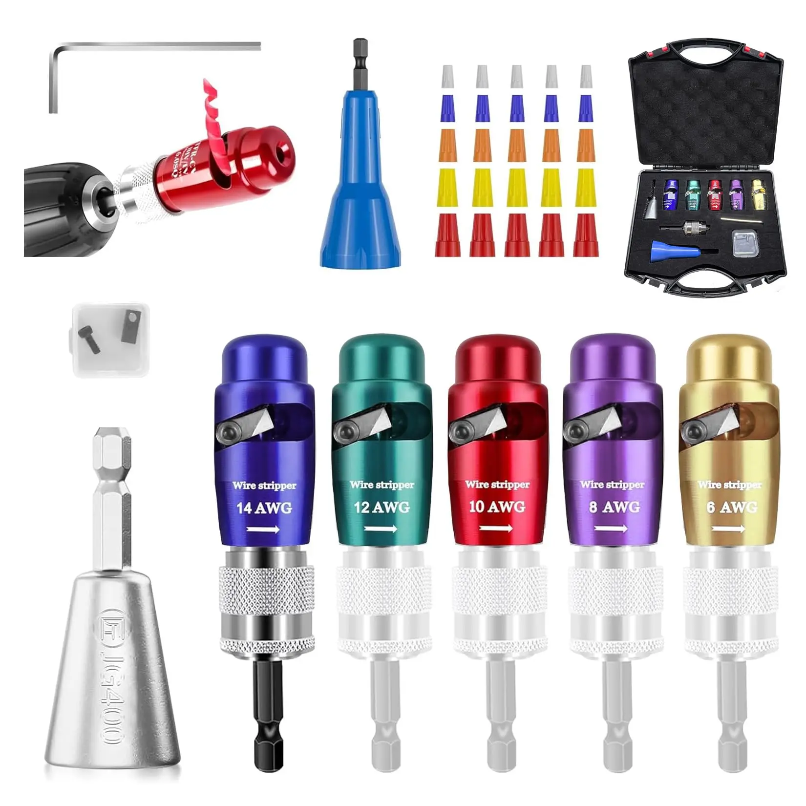 8 Piece Wire Stripping Bit Set For Drill, 5 AWG Color Bits 6-14, Tungsten Steel Zinc Alloy Cable Stripper, Portable Case
8 Piece Wire Stripping Bit Set For Drill, 5 AWG Color Bits 6-14, Tungsten Steel Zinc Alloy Cable Stripper, Portable Case