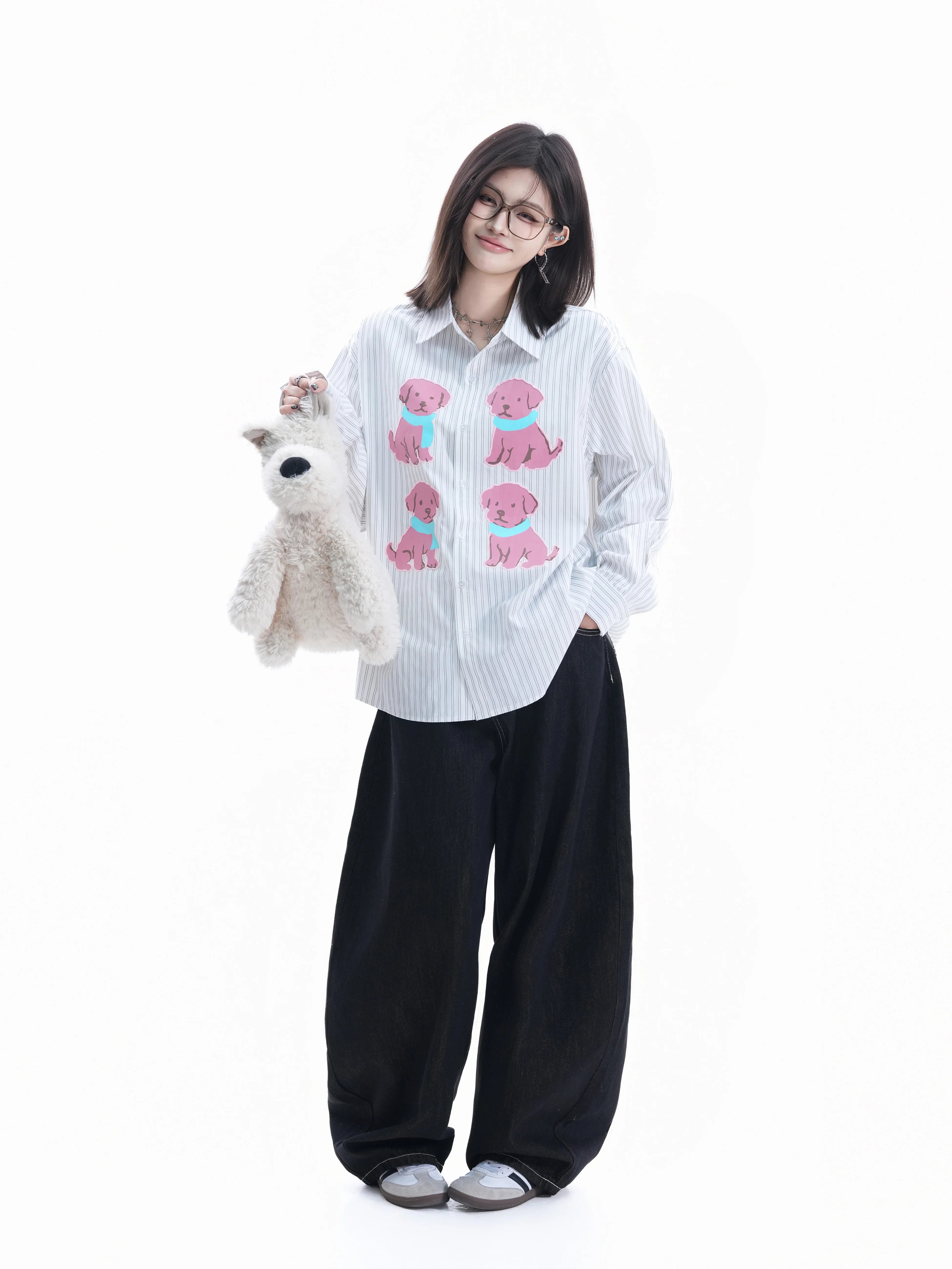 American Style Fun Dog Print Shirt Women's Sweet Loose Striped College Style Couple Tops Cotton Long Sleeve Button up
American Style Fun Dog Print Shirt Women's Sweet Loose Striped College Style Couple Tops Cotton Long Sleeve Button up