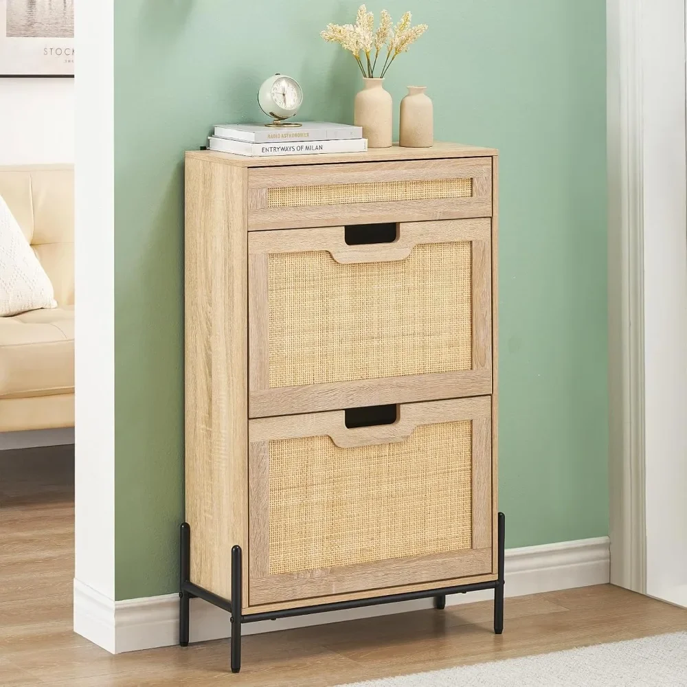 2 Flip Drawers Shoe Storage Cabinet with 1 Drawer, Rattan Shoe Organizer with Metal Legs, Freestanding Narrow Shoe Rack Cabinet
2 Flip Drawers Shoe Storage Cabinet with 1 Drawer, Rattan Shoe Organizer with Metal Legs, Freestanding Narrow Shoe Rack Cabinet