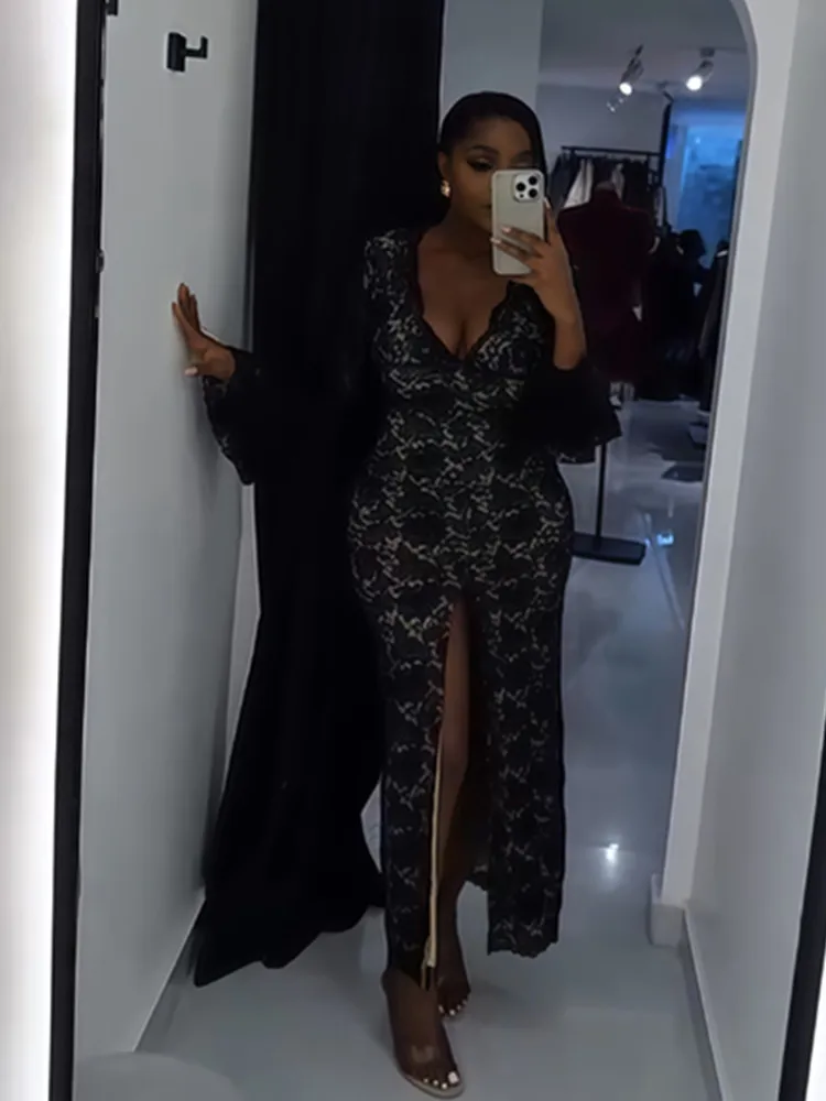 BKLD Black Dress Women Clothing 2025 Spring New Lace Sexy V-Neck Flare Sleeve Slimming Split Long Dresses Party Clubwear
BKLD Black Dress Women Clothing 2025 Spring New Lace Sexy V-Neck Flare Sleeve Slimming Split Long Dresses Party Clubwear