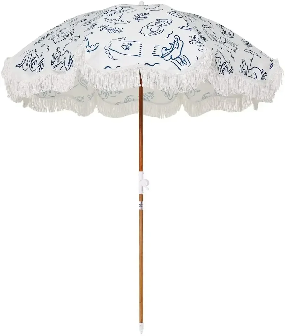 Holiday Umbrella - Boho Beach Umbrella with White Fringe, UPF 50+, 1" Tilting Wood Pole, 5’ x 6.5’, Le Basque Navy
Holiday Umbrella - Boho Beach Umbrella with White Fringe, UPF 50+, 1" Tilting Wood Pole, 5’ x 6.5’, Le Basque Navy