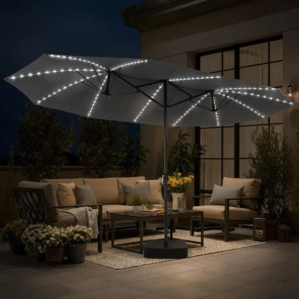 15T Double-Sided LED Umbrella with Base, Outdoor Patio Shade, UV Protection, Wind Resistant (K Grey)
15T Double-Sided LED Umbrella with Base, Outdoor Patio Shade, UV Protection, Wind Resistant (K Grey)