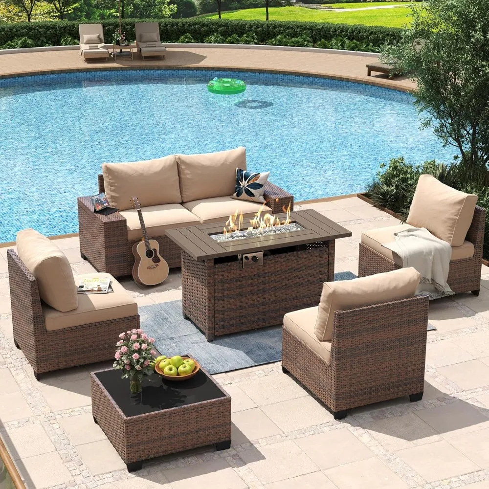 7 Piece Patio Furniture Set with Wide Armrests & 44” Fire Pit Table Wicker Rattan Outdoor Sectional Sofa Set with Coffee Table.
7 Piece Patio Furniture Set with Wide Armrests & 44” Fire Pit Table Wicker Rattan Outdoor Sectional Sofa Set with Coffee Table.