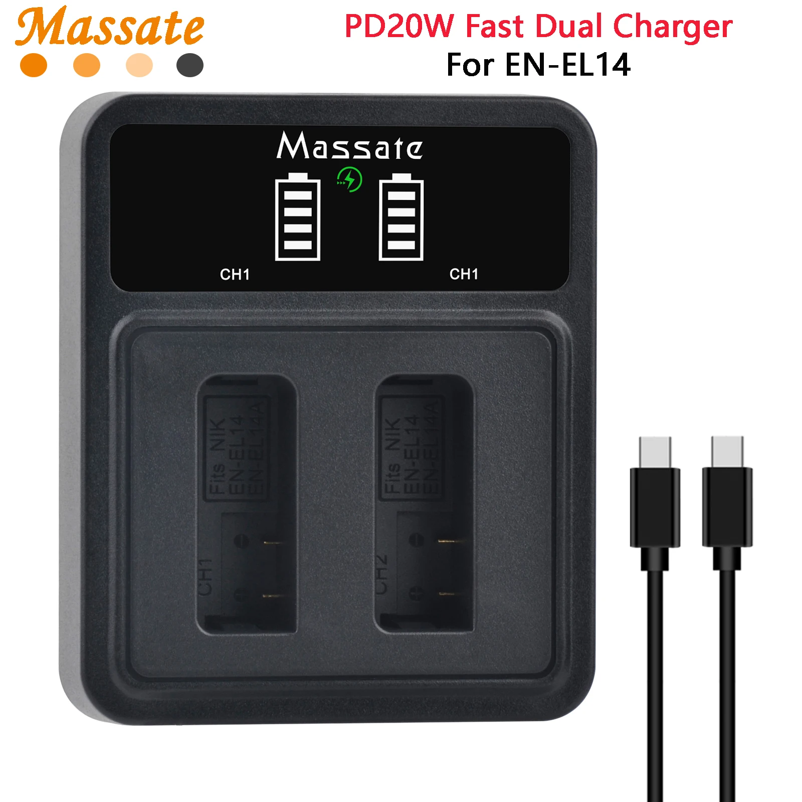 Massate EN-EL14 EN-EL14A PD20W Fast Dual USB Charger for D5200 D5300 D5500 D5600 D3200 D3300 D3400 D3500 DF CoolpixP7000 P7800
Massate EN-EL14 EN-EL14A PD20W Fast Dual USB Charger for D5200 D5300 D5500 D5600 D3200 D3300 D3400 D3500 DF CoolpixP7000 P7800