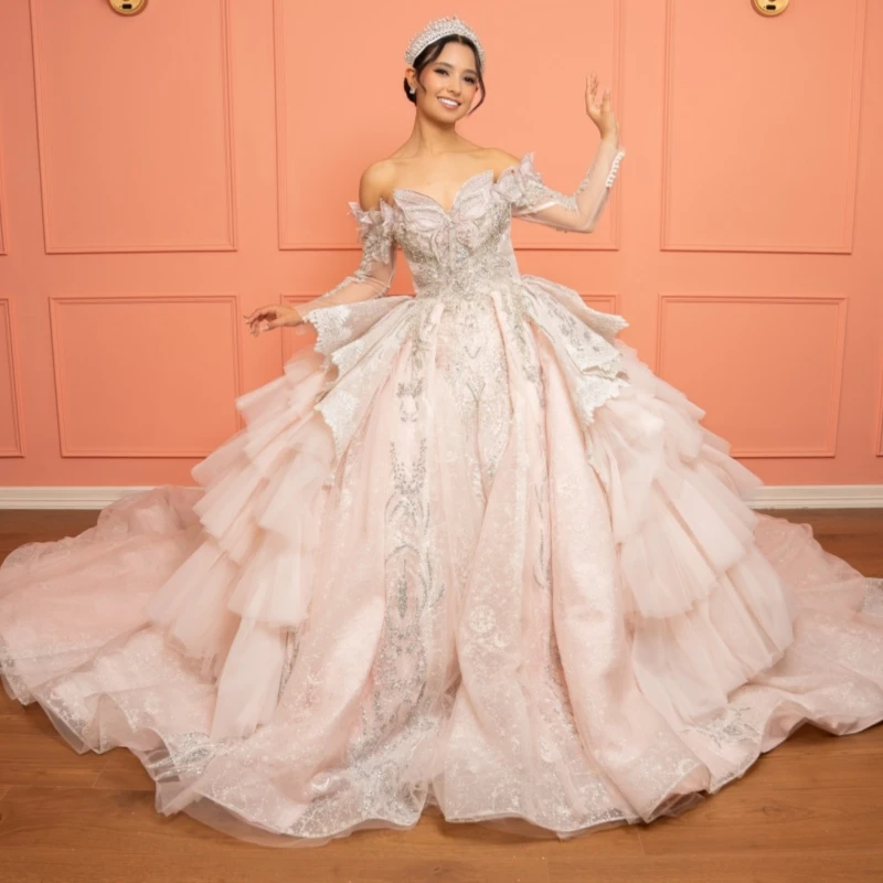 Light Pink Shiny Ball Gown Quinceanera Dresses Applique Lace Beading Crystal Tull Corset Off Shoulder Sweet 16 Dress vestidos 15
Light Pink Shiny Ball Gown Quinceanera Dresses Applique Lace Beading Crystal Tull Corset Off Shoulder Sweet 16 Dress vestidos 15