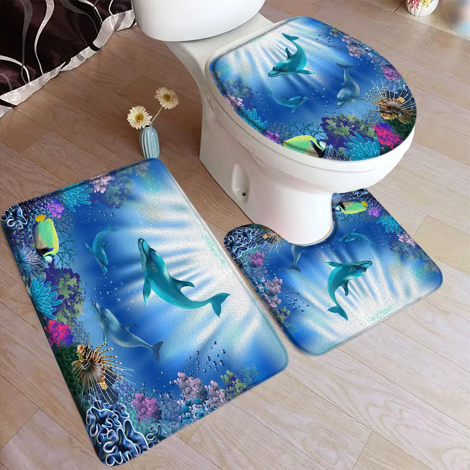 Cartoon Dolphin Ocean Scene Bathroom Floor Mat Set 3pcs Non-Slip Absorbent Toilet Lid Cover and U-Shaped Rug
Cartoon Dolphin Ocean Scene Bathroom Floor Mat Set 3pcs Non-Slip Absorbent Toilet Lid Cover and U-Shaped Rug