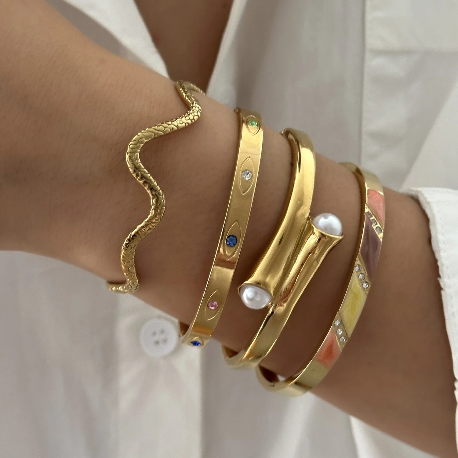 Vintage Colorful Enamel Bracelet for Women Waterproof Gold Color Stainless Steel Gradient Zircon Stacking Cuff Jewelry
Vintage Colorful Enamel Bracelet for Women Waterproof Gold Color Stainless Steel Gradient Zircon Stacking Cuff Jewelry