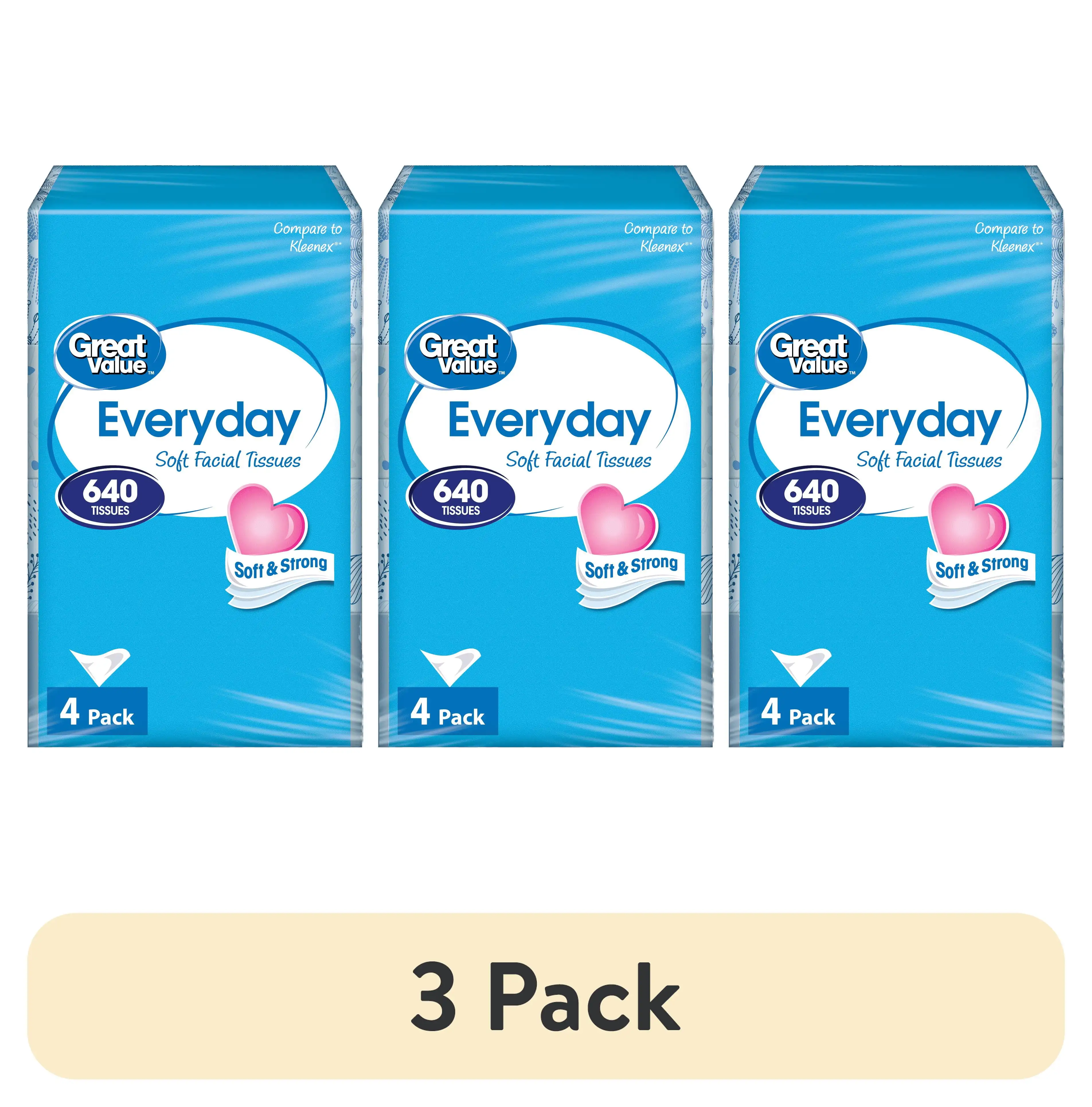 (3 pack) Everyday Soft Facial Tissues, 4 Flat Cartons, 160 Tissues per Flat, 2-Ply
(3 pack) Everyday Soft Facial Tissues, 4 Flat Cartons, 160 Tissues per Flat, 2-Ply
