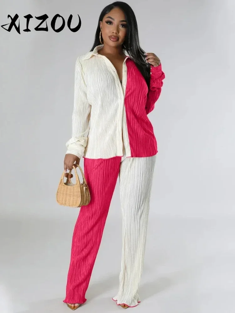XIZOU Colorblocked Pleated Women's Set Oversized Long Sleeve Shirt and Wide Leg Pants 2024 Two 2 Piece Sets Outfits Tracksuits
XIZOU Colorblocked Pleated Women's Set Oversized Long Sleeve Shirt and Wide Leg Pants 2024 Two 2 Piece Sets Outfits Tracksuits