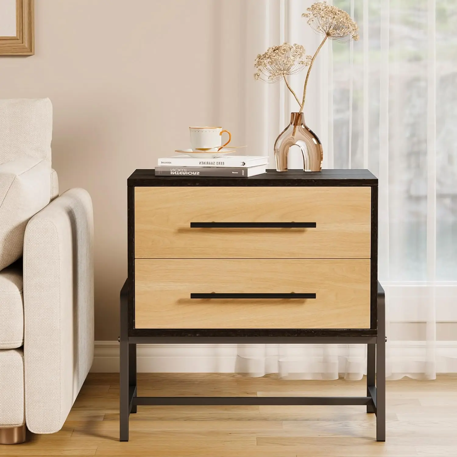 Farmhouse Nightstand with Drawers, Light Wood Side Table with Metal Legs, Bedside Table with Storage, Mid Century Modern Side Ta
Farmhouse Nightstand with Drawers, Light Wood Side Table with Metal Legs, Bedside Table with Storage, Mid Century Modern Side Ta