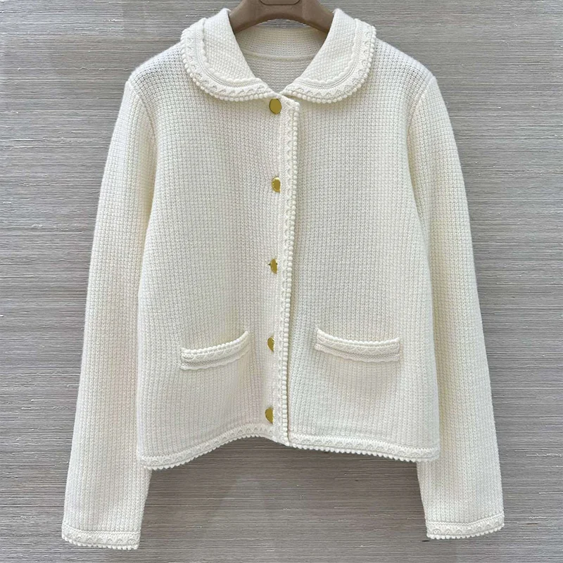 High-quality women's cardigan sweater doll collar metal single-button design popular lady clothing 25102271
High-quality women's cardigan sweater doll collar metal single-button design popular lady clothing 25102271