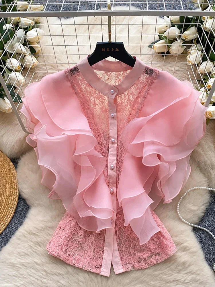 Summer Women's Ruffle Edge Patchwork Lace Shirt New Fresh Fashionable Sweet Sexy Versatile Thin Short Sleeved Blouse Top W01
Summer Women's Ruffle Edge Patchwork Lace Shirt New Fresh Fashionable Sweet Sexy Versatile Thin Short Sleeved Blouse Top W01