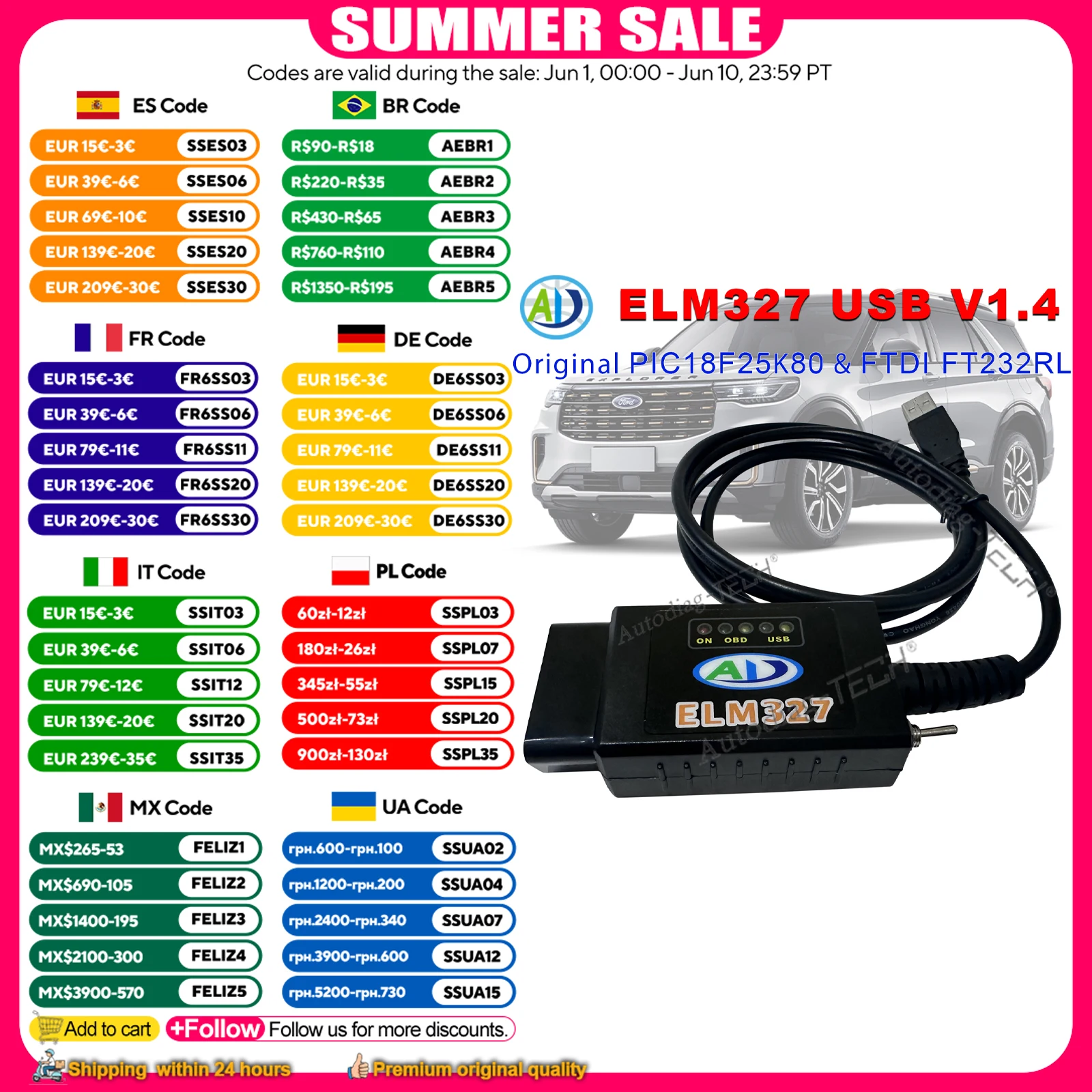 ELM327 V1.4 USB FTDI FT232RL PIC18F25K80 HS CAN /MS CAN Switch For Ford FORScan OBD2 Scanner Code Reader Car Diagnostic Tool
ELM327 V1.4 USB FTDI FT232RL PIC18F25K80 HS CAN /MS CAN Switch For Ford FORScan OBD2 Scanner Code Reader Car Diagnostic Tool