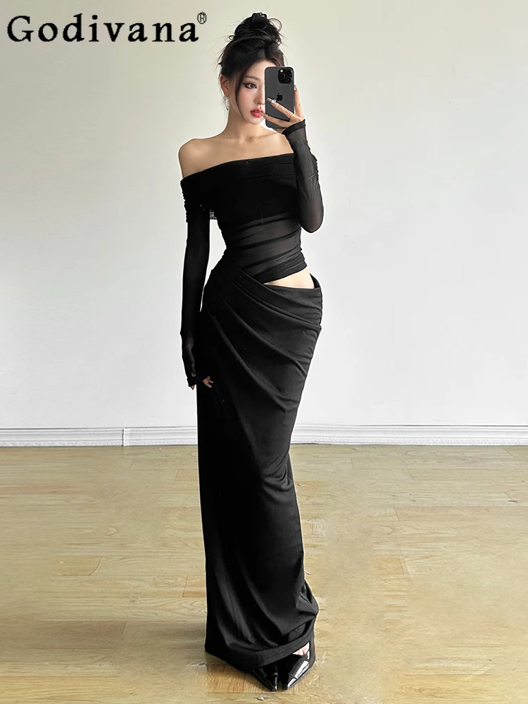 Solid Color Gauze Splicing High Waist Slash Neck Elegant Floor Length Dress Women's Autumn Long Sleeve Hollow Out Sexy Dresses
Solid Color Gauze Splicing High Waist Slash Neck Elegant Floor Length Dress Women's Autumn Long Sleeve Hollow Out Sexy Dresses