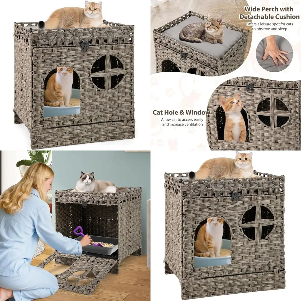 Foldable Wicker Cat Litter Enclosure with Litter Mat, 2-Level Cat Condo, Flip-Down Door, Window, and Elevated Bed
Foldable Wicker Cat Litter Enclosure with Litter Mat, 2-Level Cat Condo, Flip-Down Door, Window, and Elevated Bed