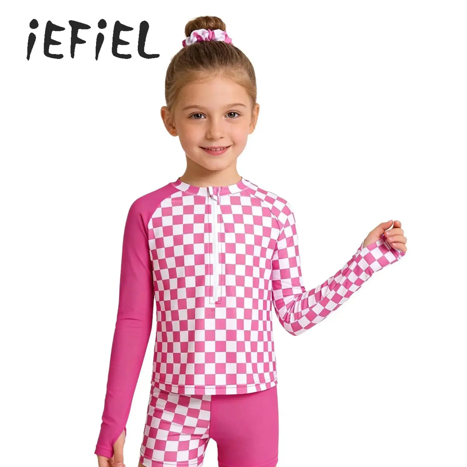 Girls 3 Pieces Swimsuit Checkered Pattern Swim Set Half Zip Long Sleeve Top And Shorts Hairtie for Swimming Beach Summer Holiday
Girls 3 Pieces Swimsuit Checkered Pattern Swim Set Half Zip Long Sleeve Top And Shorts Hairtie for Swimming Beach Summer Holiday