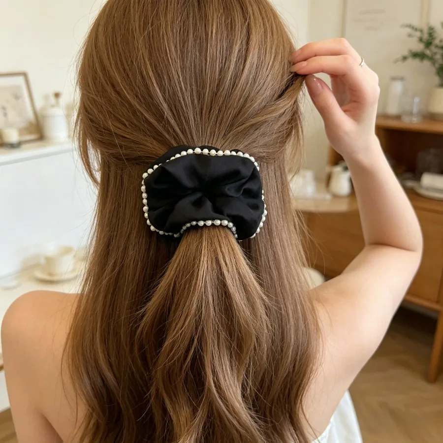 Elegant Black Satin Scrunchie with Handmade Pearl Trim, Luxury Hair Tie for Women
Elegant Black Satin Scrunchie with Handmade Pearl Trim, Luxury Hair Tie for Women