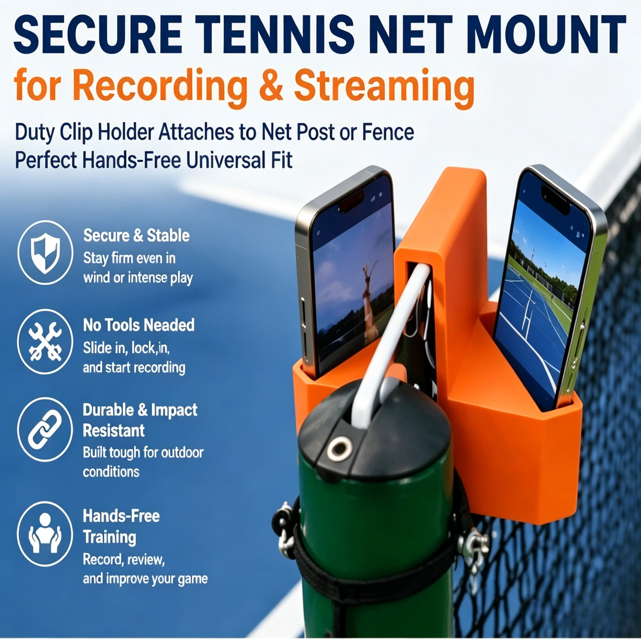 Secure Tennis Net Mount for Recording Streaming Duty Clip Holder Attaches to Net Post or Fence Perfect Hands-Free Universal Fit
Secure Tennis Net Mount for Recording Streaming Duty Clip Holder Attaches to Net Post or Fence Perfect Hands-Free Universal Fit