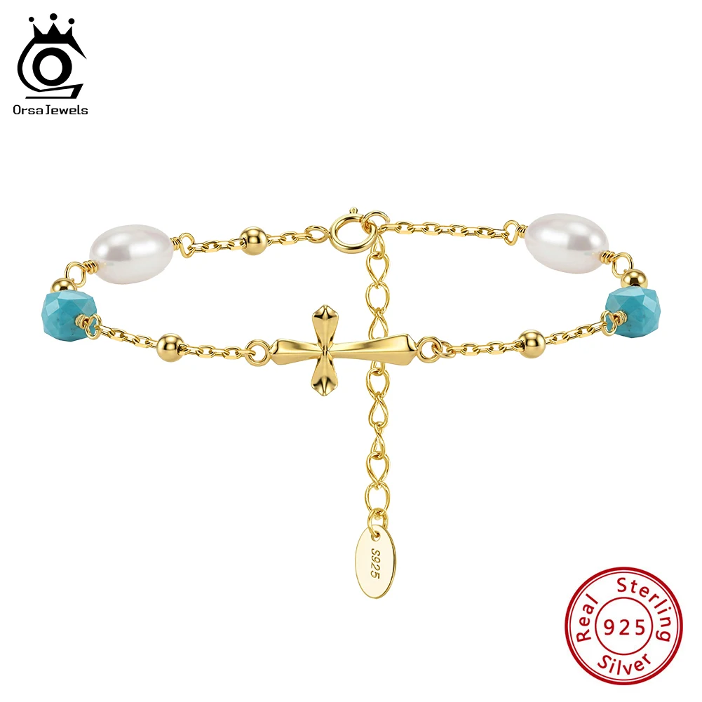 ORSA JEWELS Trendy Blue Natural Stones Charm Cross Bracelet for Women 925 Silver Pearl Turquoise Wrist Chain Party Gift MPB23
ORSA JEWELS Trendy Blue Natural Stones Charm Cross Bracelet for Women 925 Silver Pearl Turquoise Wrist Chain Party Gift MPB23