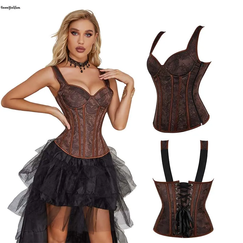 Elastic Shoulder Strap Steampunk Women Clothing Jacquard Lace Up Bone Vintage Corselet Padded Bra Corset Bustier With Zip
Elastic Shoulder Strap Steampunk Women Clothing Jacquard Lace Up Bone Vintage Corselet Padded Bra Corset Bustier With Zip