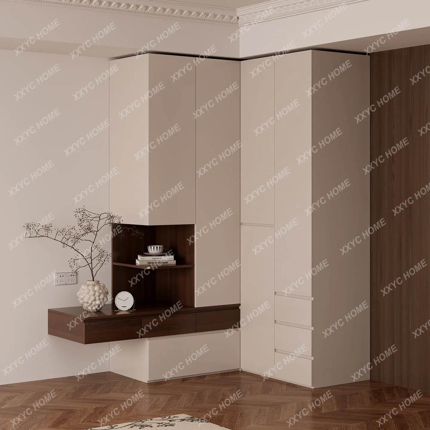 Bedroom corner wardrobe suspended bedside locker combination segmented L-shaped wardrobe
Bedroom corner wardrobe suspended bedside locker combination segmented L-shaped wardrobe