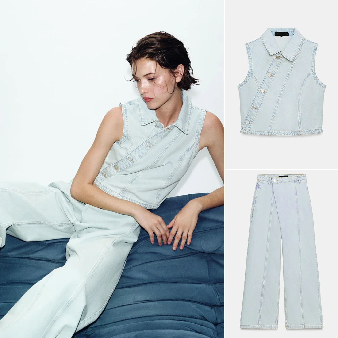 Low Waist Double Breasted Denim Vest Short Sleeve Turn down Collar Fashion Set Women's Long Pants Spring Season Pure Color
Low Waist Double Breasted Denim Vest Short Sleeve Turn down Collar Fashion Set Women's Long Pants Spring Season Pure Color