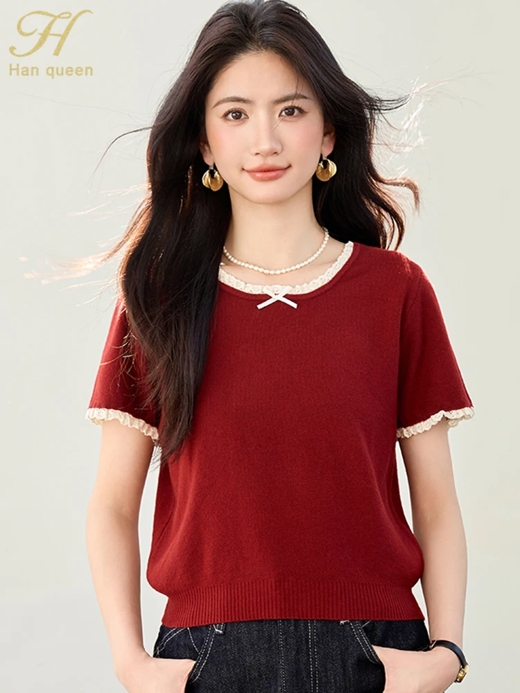 H Han Queen Chic Summer Knitwear Color Blocked Pullover Women's Clothing Vintage Short Sleeve Work Casual Elegant Simple Sweater
H Han Queen Chic Summer Knitwear Color Blocked Pullover Women's Clothing Vintage Short Sleeve Work Casual Elegant Simple Sweater