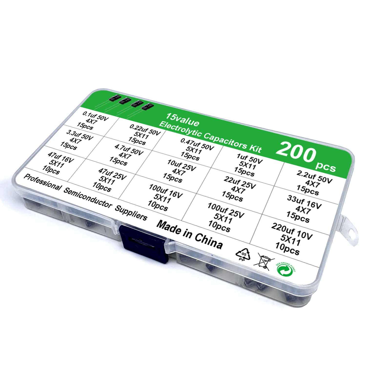 200pcs/lot Radial capacitors set 15Values 10V 16V 25V 50V 0.1uF-220uF Electrolytic Capacitor Assortment Kit 0.22uf 2.2uf 100uf
200pcs/lot Radial capacitors set 15Values 10V 16V 25V 50V 0.1uF-220uF Electrolytic Capacitor Assortment Kit 0.22uf 2.2uf 100uf