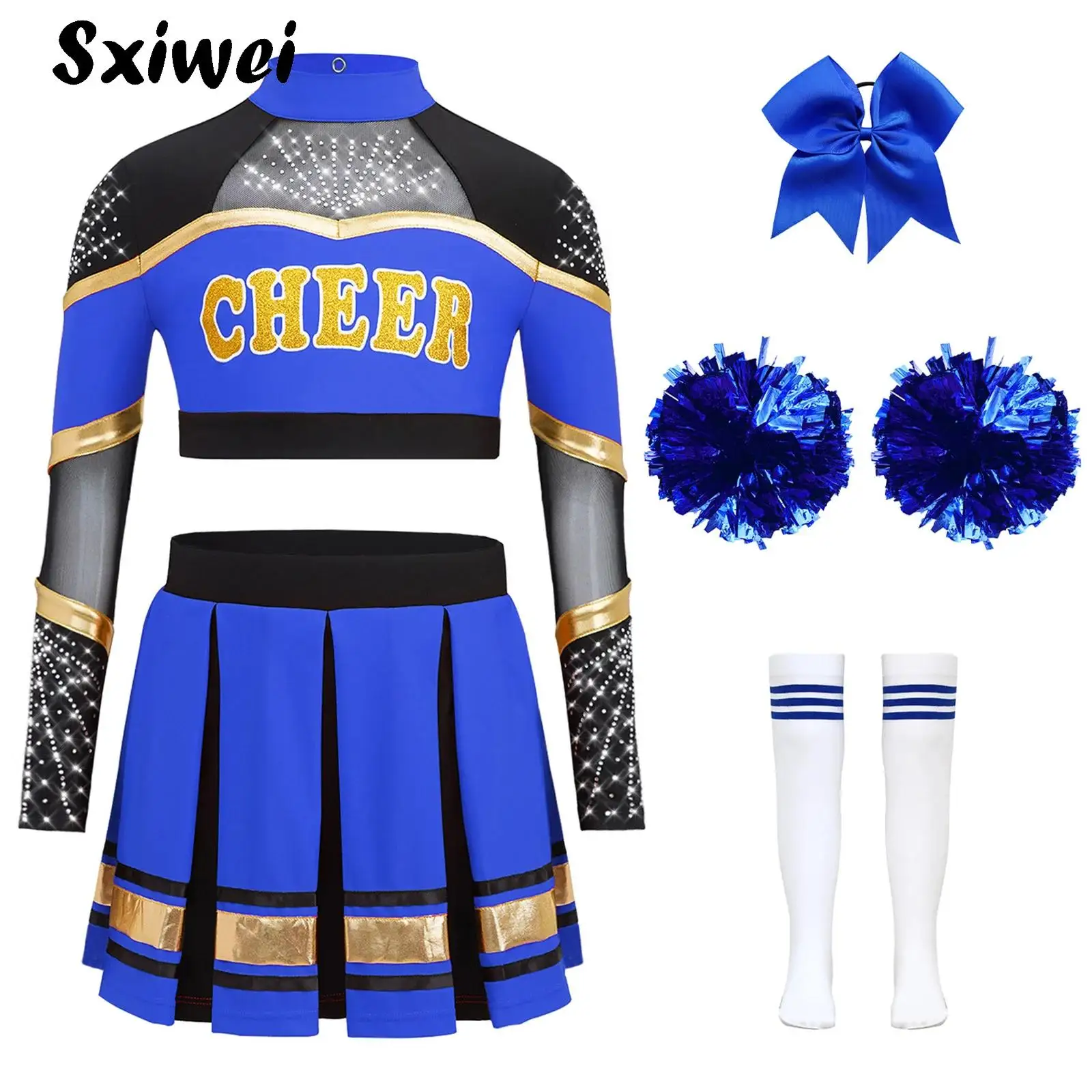 Kids Girls Cheerleader Costumes Cheerleading Uniform Outfits Rhinestones Crop Top with Pleated Skirt Flower Balls Socks Headwear
Kids Girls Cheerleader Costumes Cheerleading Uniform Outfits Rhinestones Crop Top with Pleated Skirt Flower Balls Socks Headwear