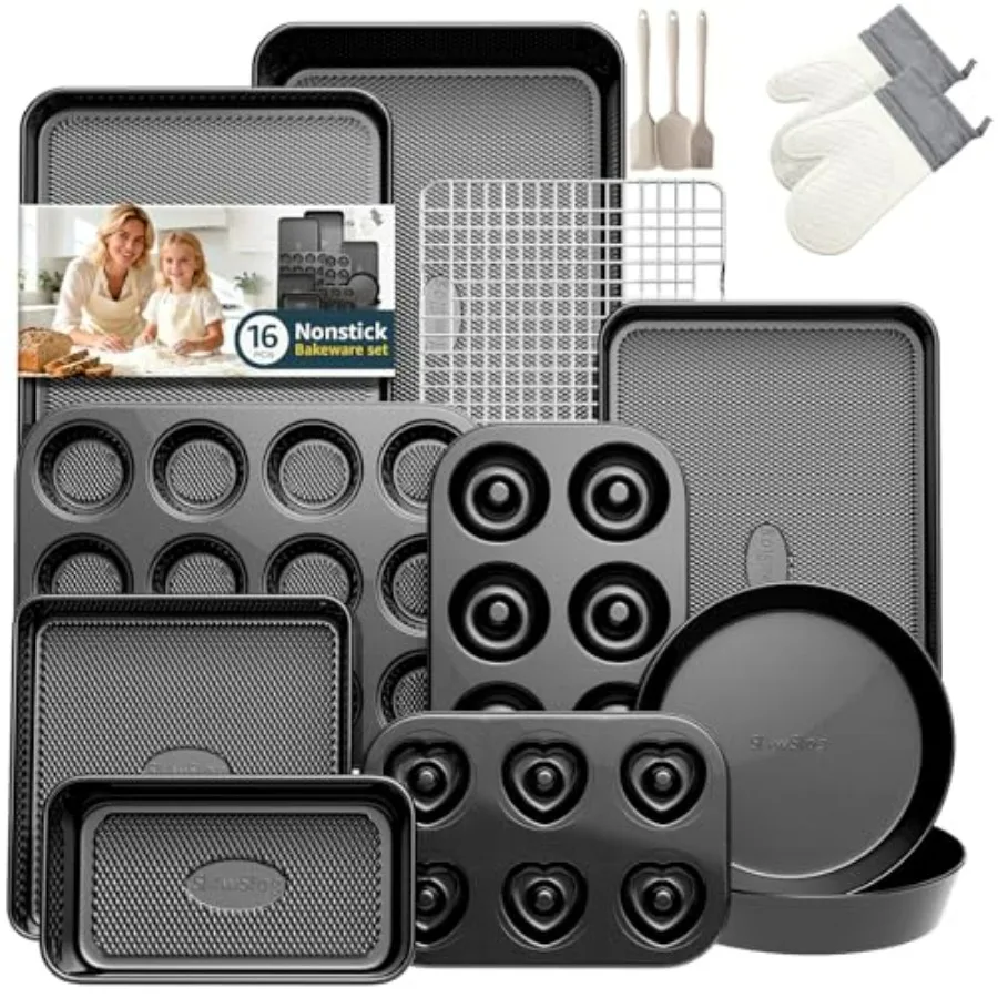 16-Piece Nonstick Bakeware Set with Oven Mitts Donut Pan and Heart Pan Stackable Carbon Steel Baking Pans Set with Kitchen Uten
16-Piece Nonstick Bakeware Set with Oven Mitts Donut Pan and Heart Pan Stackable Carbon Steel Baking Pans Set with Kitchen Uten