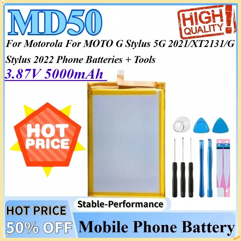 3.87V 5000mAh MD50 Mobile Phone Battery For MOTO G Stylus 5G 2021/XT2131/G Stylus 2022 For Motorola Phone Batteries + Tools
3.87V 5000mAh MD50 Mobile Phone Battery For MOTO G Stylus 5G 2021/XT2131/G Stylus 2022 For Motorola Phone Batteries + Tools