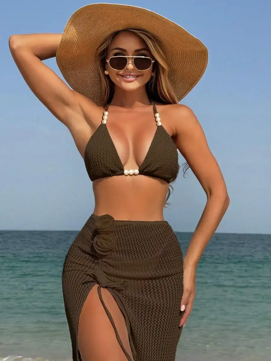 Women Knitted Triangle Bikini Top With Pearl Detail And Side Slit Skirt Swimsuit Set Beach Vacation
Women Knitted Triangle Bikini Top With Pearl Detail And Side Slit Skirt Swimsuit Set Beach Vacation