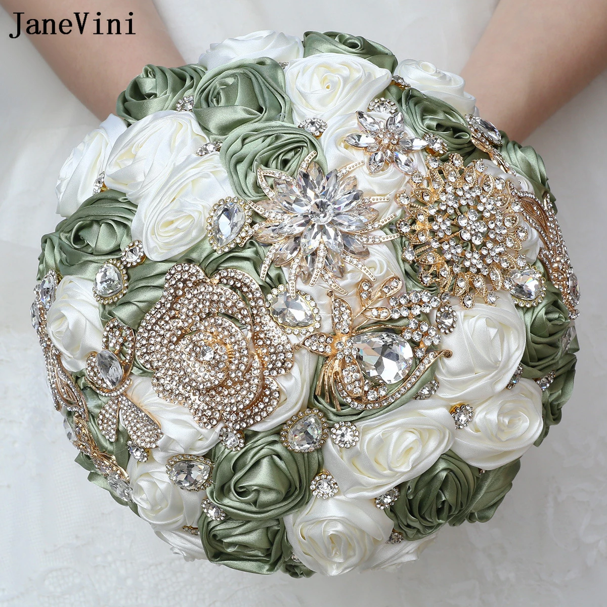 JaneVini Customized Sage Ivory Bridal Bouquets Luxury Golden Rhinestone Artificial Satin Roses Wedding Bouquet Flowers for Bride
JaneVini Customized Sage Ivory Bridal Bouquets Luxury Golden Rhinestone Artificial Satin Roses Wedding Bouquet Flowers for Bride