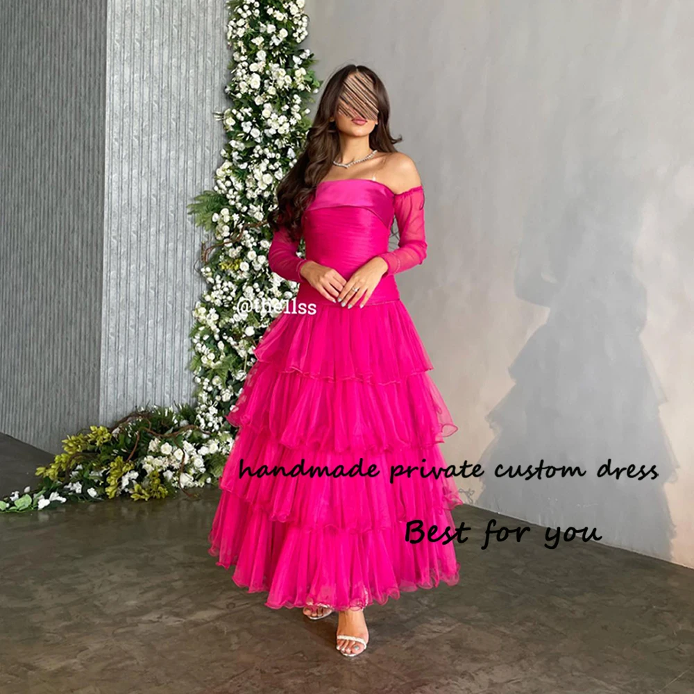 Hot Pink Tulle Prom Party Dresses with Sleeve Strapless Arabic Dubai Evening Dress Ankle Length Formal Occasion Gown
Hot Pink Tulle Prom Party Dresses with Sleeve Strapless Arabic Dubai Evening Dress Ankle Length Formal Occasion Gown