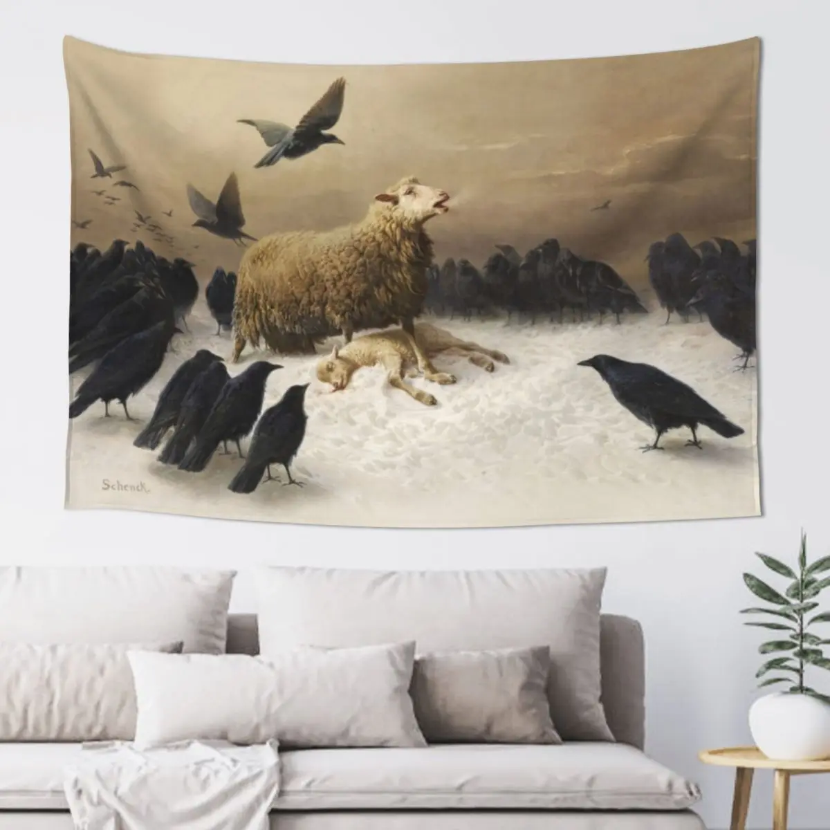 Anguish Angoisses fine art oil painting by August Friedrich Schenck 1878 Mother sheep ewe with lamb and black crows Tapestry
Anguish Angoisses fine art oil painting by August Friedrich Schenck 1878 Mother sheep ewe with lamb and black crows Tapestry