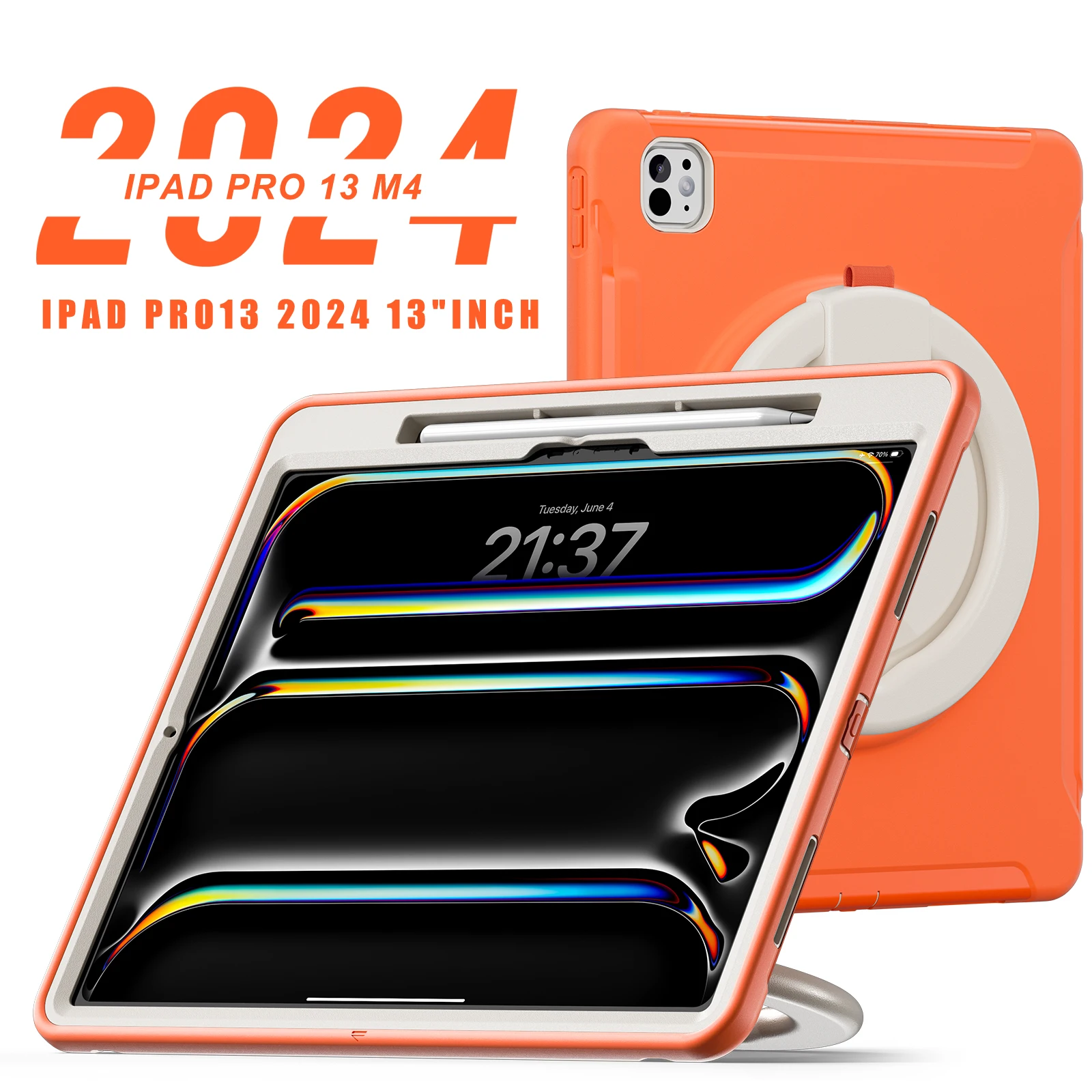 Чехол-подставка из ТПУ-ПК для Apple iPad Pro 13 2024 M4, модель A2926 A2925 A3007, вращающаяся на 360 градусов ручка, сверхпрочный чехол, 3-слойный корпус 
Чехол-подставка из ТПУ-ПК для Apple iPad Pro 13 2024 M4, модель A2926 A2925 A3007, вращающаяся на 360 градусов ручка, сверхпрочный чехол, 3-слойный корпус