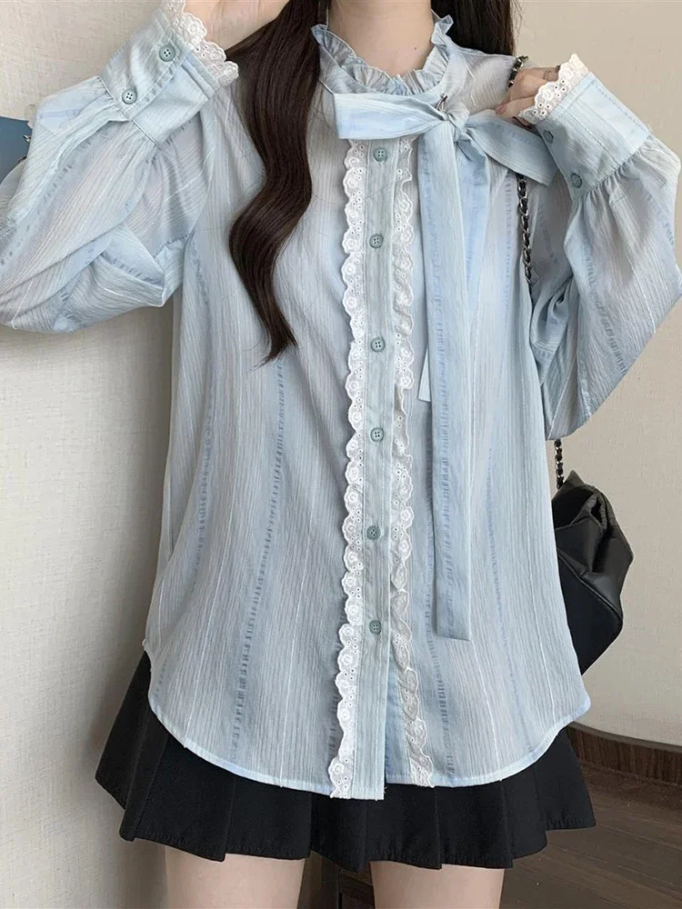 Elegant Lace Sweet Ruffles Women Shirt Long Sleeve Bow Blouse Korean Fashion Casual Female Design Fall All Match Chic Tops
Elegant Lace Sweet Ruffles Women Shirt Long Sleeve Bow Blouse Korean Fashion Casual Female Design Fall All Match Chic Tops
