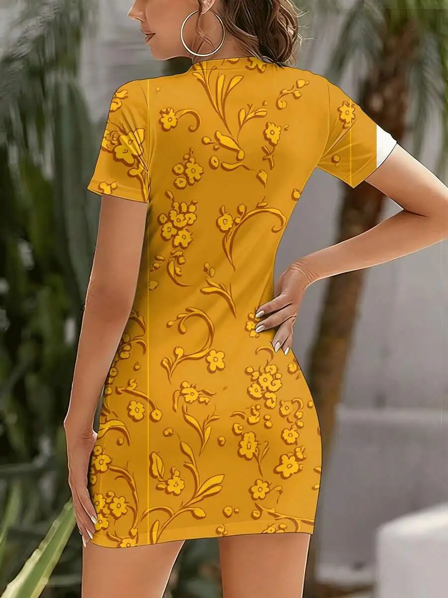 Floral Print Short Sleeve Fitted Dress Yellow Round Neck Summer Beach Casual Women
Floral Print Short Sleeve Fitted Dress Yellow Round Neck Summer Beach Casual Women