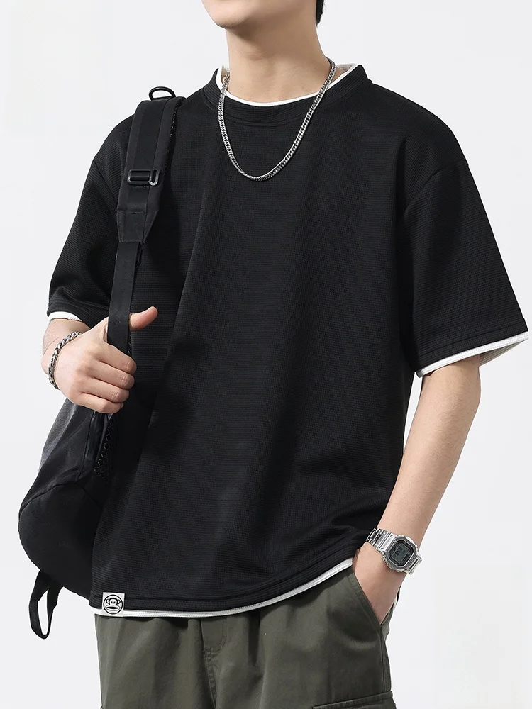 Мужская летняя футболка свободного кроя из плотного полиэстера с вафельной текстурой, черная, повседневная, молодежная, модная, комфортная
Мужская летняя футболка свободного кроя из плотного полиэстера с вафельной текстурой, черная, повседневная, молодежная, модная, комфортная