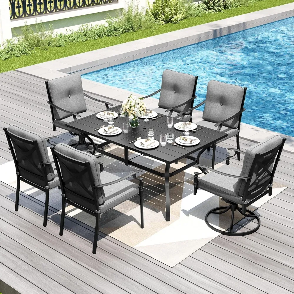 7 Pieces Outdoor Dining Set for 6, Black Steel Dining Table with Fixed and Swivel Iron Chairs, Large Dining Furniture Set
7 Pieces Outdoor Dining Set for 6, Black Steel Dining Table with Fixed and Swivel Iron Chairs, Large Dining Furniture Set