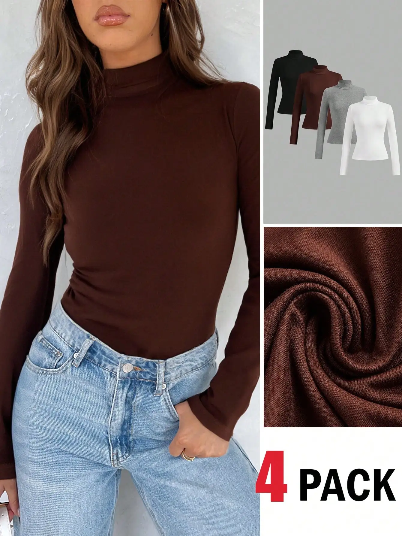 Комплект из 4 женских облегающих топов с высоким воротом и длинными рукавами, однотонные, для осенне-зимнего слоистого образа
Комплект из 4 женских облегающих топов с высоким воротом и длинными рукавами, однотонные, для осенне-зимнего слоистого образа