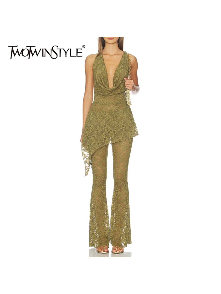 TWOTWINSTYLE Solid Lace Two Piece Sets for Women V Neck Sleeveless Hooded Top High Waist Flare Pant Sexy Sheer Set Female 2026
TWOTWINSTYLE Solid Lace Two Piece Sets for Women V Neck Sleeveless Hooded Top High Waist Flare Pant Sexy Sheer Set Female 2026