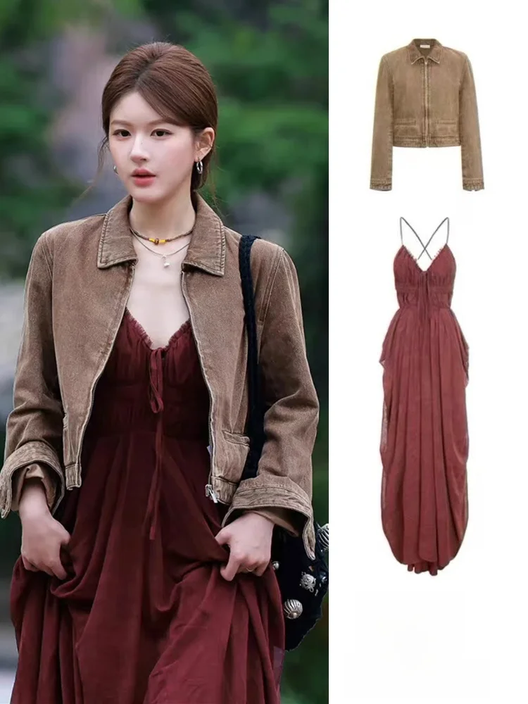 Washed Vintage Long Jacket Set with Strapless Red Dress Outfit Women's Ethnic Costume Stage Performance Clothing by CICIZHUANG
Washed Vintage Long Jacket Set with Strapless Red Dress Outfit Women's Ethnic Costume Stage Performance Clothing by CICIZHUANG